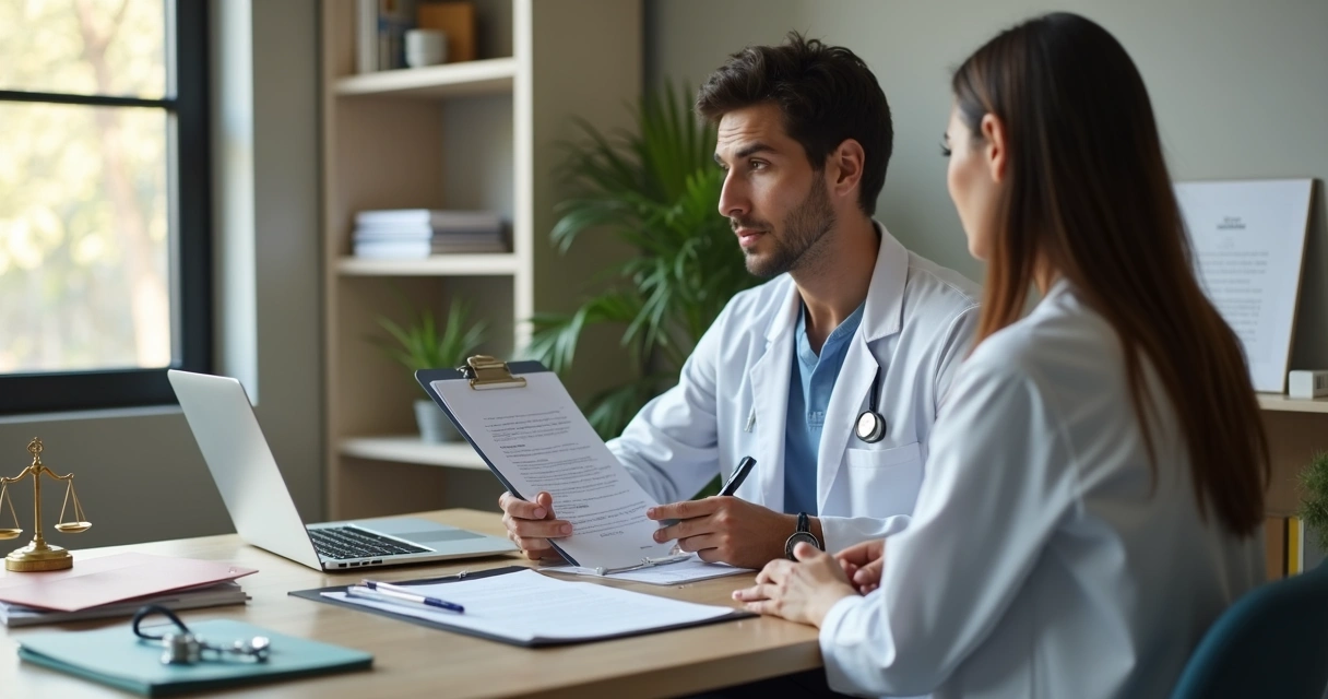 Médico conversando com paciente em consultório com documentos sobre a mesa