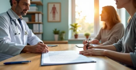 Médico e paciente revisando termo de consentimento TCLE antes da assinatura