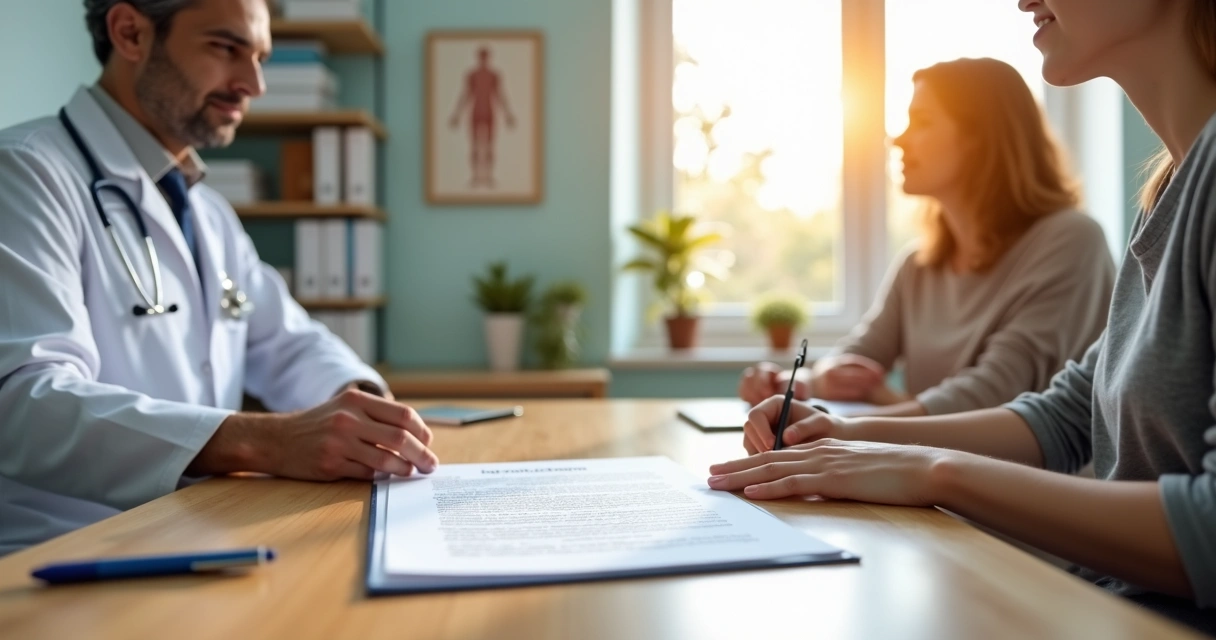 Médico e paciente revisando termo de consentimento TCLE antes da assinatura
