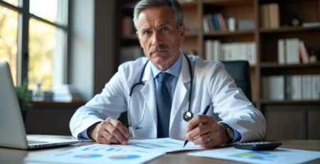 Médico analisando documentos e gráficos de planejamento financeiro em escritório moderno com computador e calculadora
