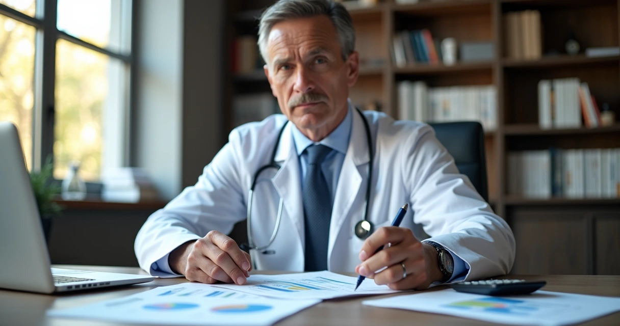 Médico analisando documentos e gráficos de planejamento financeiro em escritório moderno com computador e calculadora
