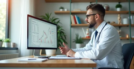 Médico analisando gráficos financeiros em tela de computador, com mesa organizada e elementos relacionados a saúde ao fundo