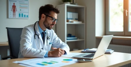 Médico jovem analisando gráficos financeiros e escolha de regime tributário em consultório moderno