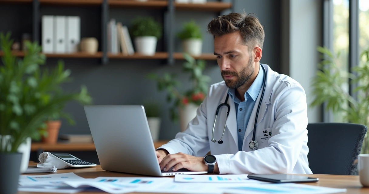 Médico analisando planilhas financeiras com expressão concentrada e ambiente de escritório iluminado