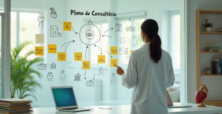 Médico em consultório organizando plano financeiro em painel com ícones de consultório e finanças