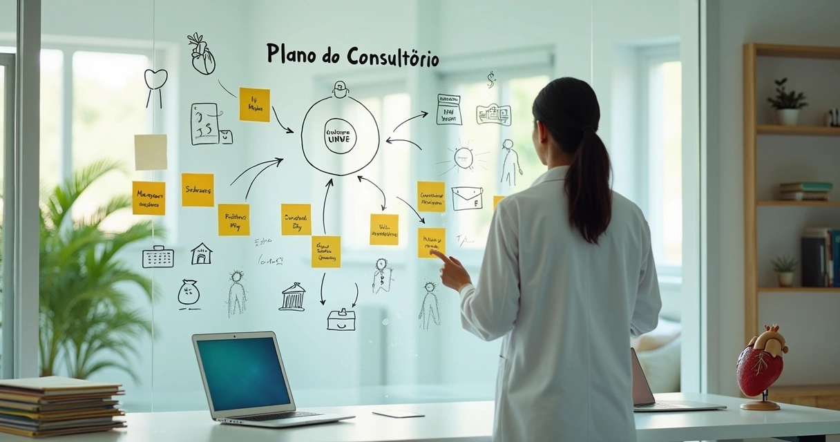 Médico em consultório organizando plano financeiro em painel com ícones de consultório e finanças