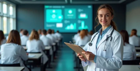 Médico jovem segurando prancheta diante de auditório com prova e símbolos da medicina ao fundo