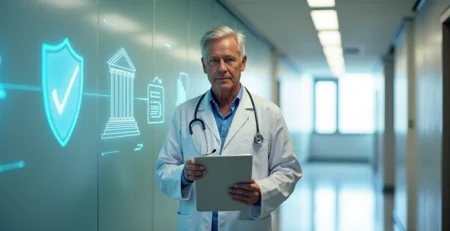 Médico caminhando em corredor com símbolos discretos de proteção jurídica ao fundo