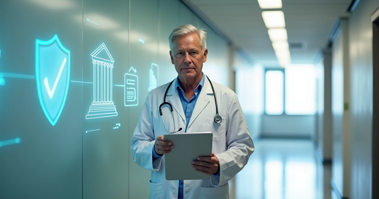 Médico caminhando em corredor com símbolos discretos de proteção jurídica ao fundo