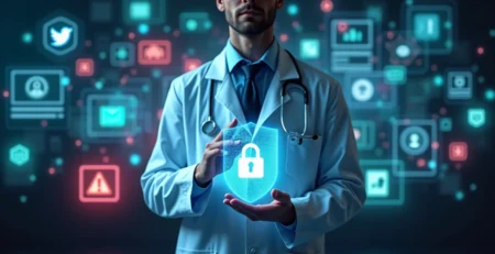Médico segurando escudo digital diante de tela com várias redes sociais
