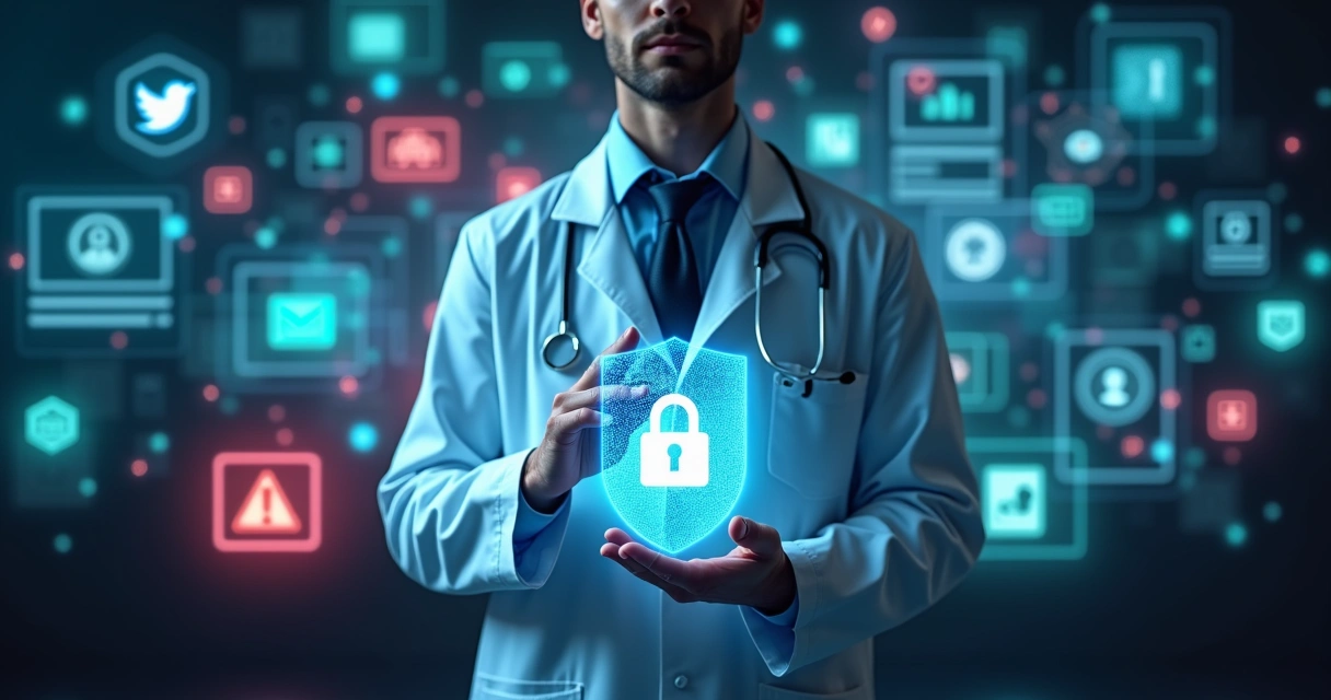 Médico segurando escudo digital diante de tela com várias redes sociais