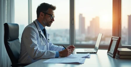 Médico segurando documentos legais em escritório moderno com expressão focada