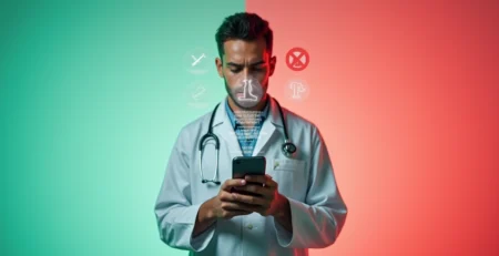 Médico segurando smartphone com ícones de redes sociais e símbolo de autorização em destaque