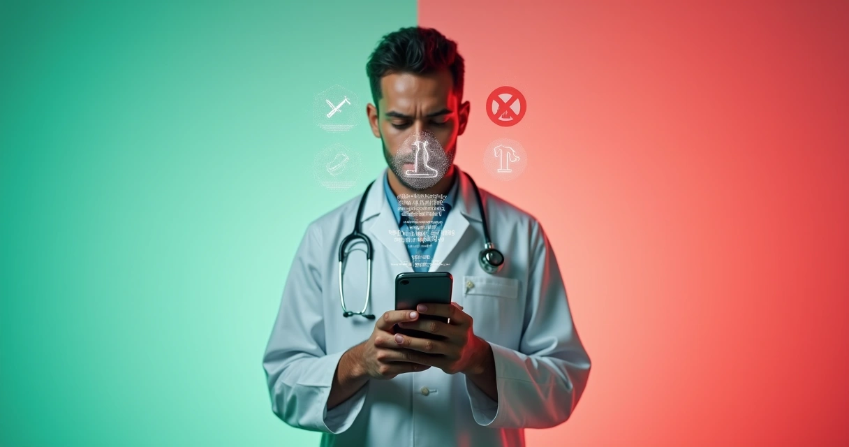 Médico segurando smartphone com ícones de redes sociais e símbolo de autorização em destaque