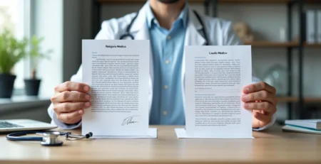 Médico segurando dois documentos diferentes sobre a mesa, um relatório e um laudo