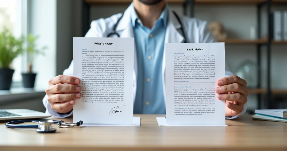 Médico segurando dois documentos diferentes sobre a mesa, um relatório e um laudo