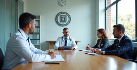 Médico diante de comissão avaliadora em sala de reunião do CRM