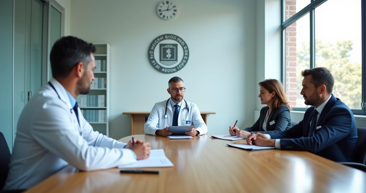 Médico diante de comissão avaliadora em sala de reunião do CRM