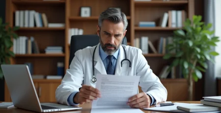 Médico sentado à mesa revisando uma notificação judicial com expressão concentrada