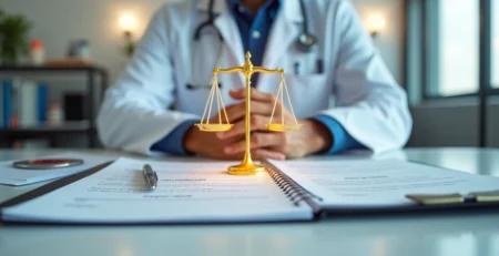 Médico olhando para documentos legais com símbolo de justiça ao fundo