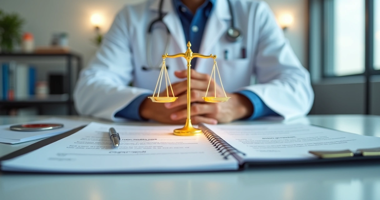 Médico olhando para documentos legais com símbolo de justiça ao fundo