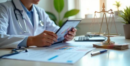 Profissional de saúde analisando custos de seguro médico no tablet ao lado de balança e dinheiro