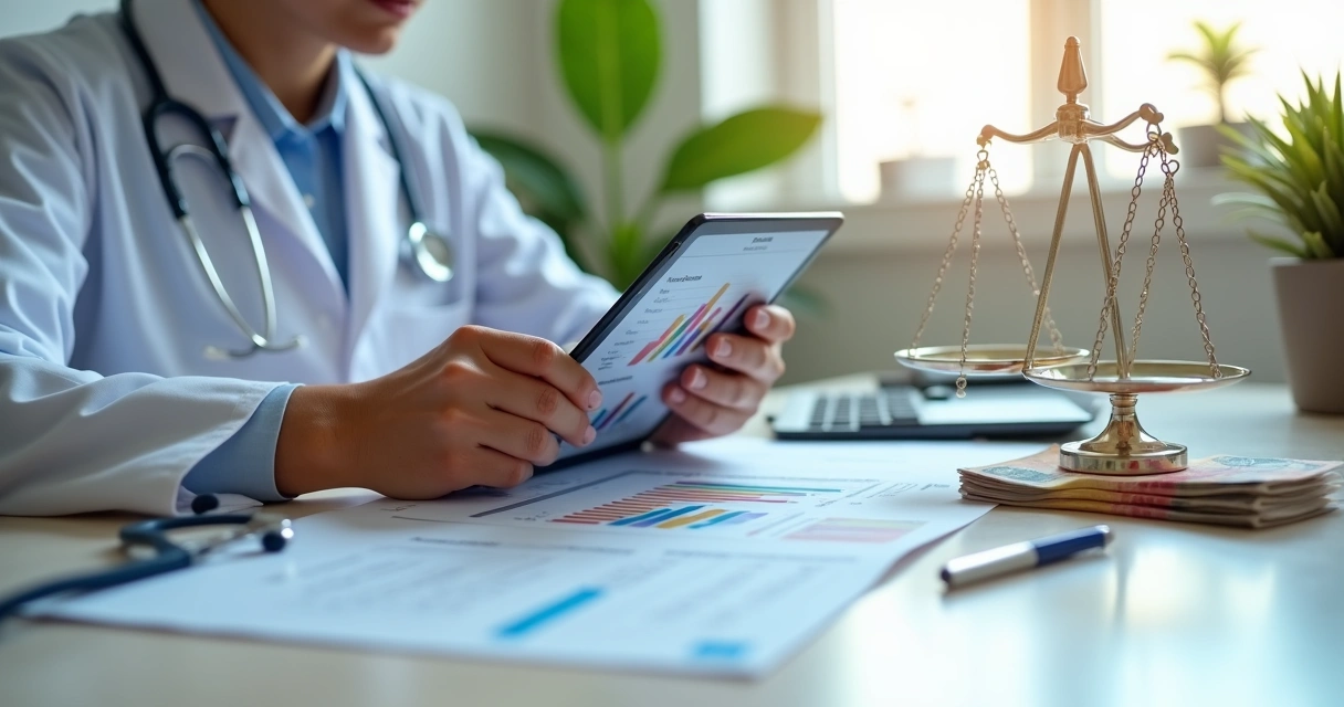 Profissional de saúde analisando custos de seguro médico no tablet ao lado de balança e dinheiro