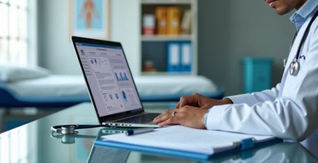 Médico analisando contrato de seguro de responsabilidade civil no consultório