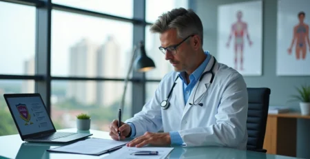 Médico analisando contrato de seguro de responsabilidade civil em consultório moderno