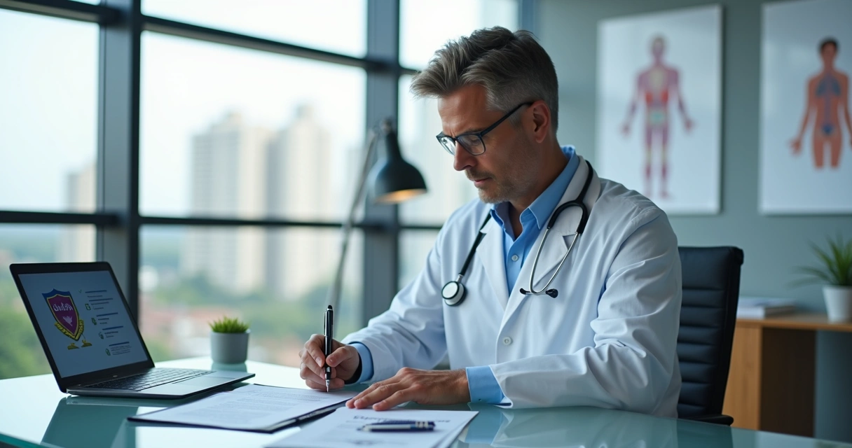 Médico analisando contrato de seguro de responsabilidade civil em consultório moderno