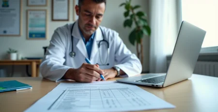 Médico analisando contrato de seguro de responsabilidade civil profissional em mesa de consultório