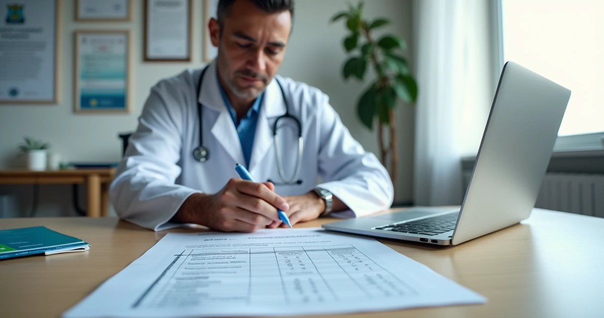 Médico analisando contrato de seguro de responsabilidade civil profissional em mesa de consultório