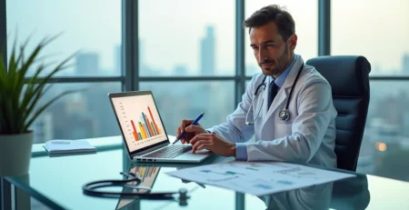 Médico analisando gráfico comparando custos de seguro de responsabilidade civil em diferentes países