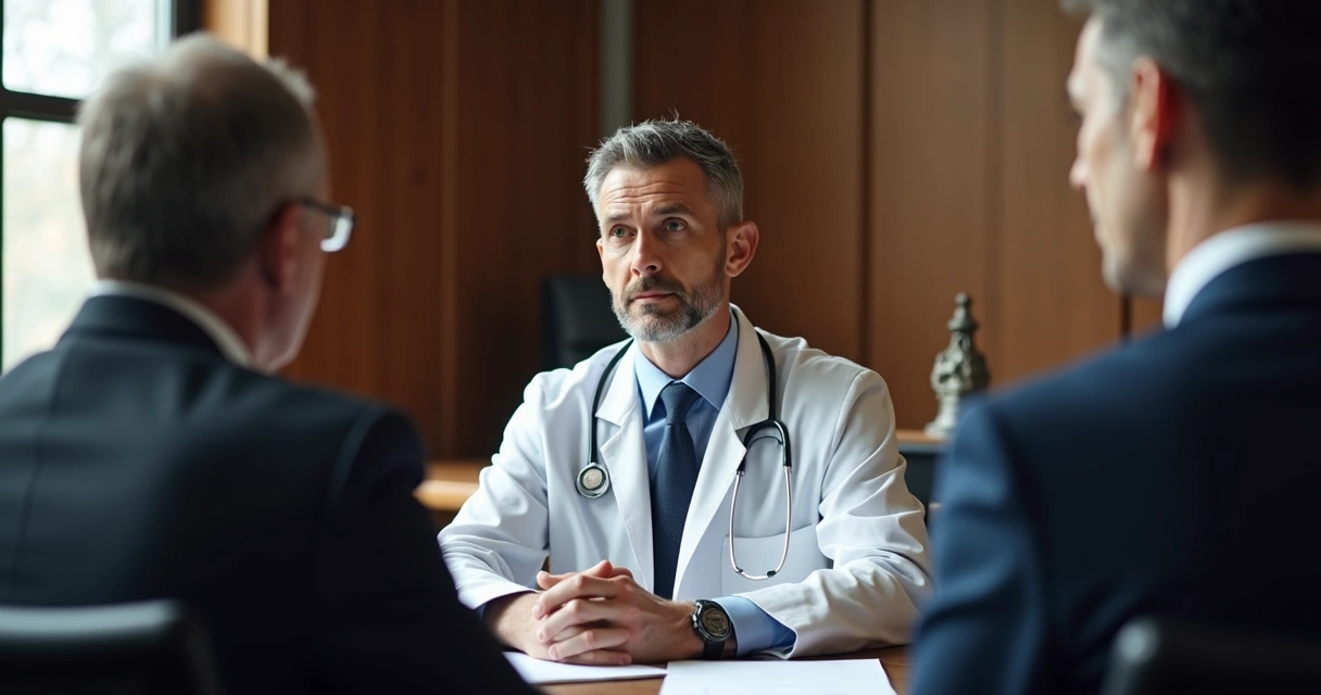 Médico prestando depoimento em tribunal com advogado ao lado 