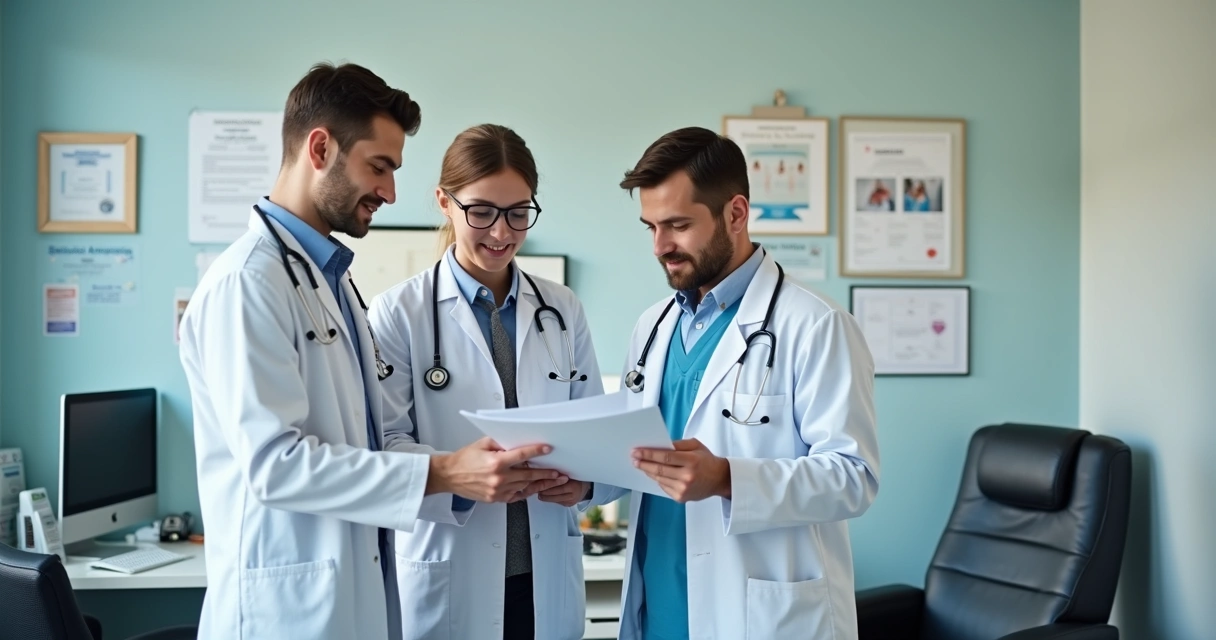 Três médicos conversando num consultório enquanto analisam documentos médicos. 