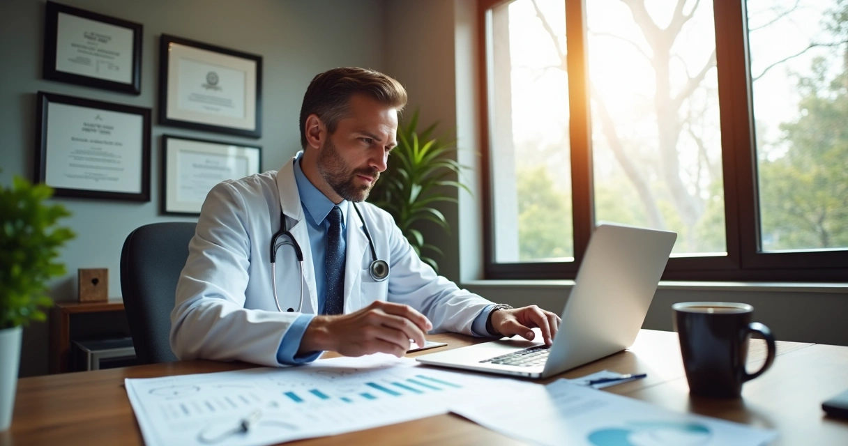 Médico analisando planilhas financeiras em uma mesa de consultório moderno 