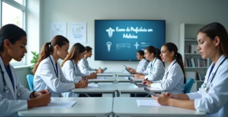 Médicos jovens fazendo prova em sala moderna de avaliação profissional