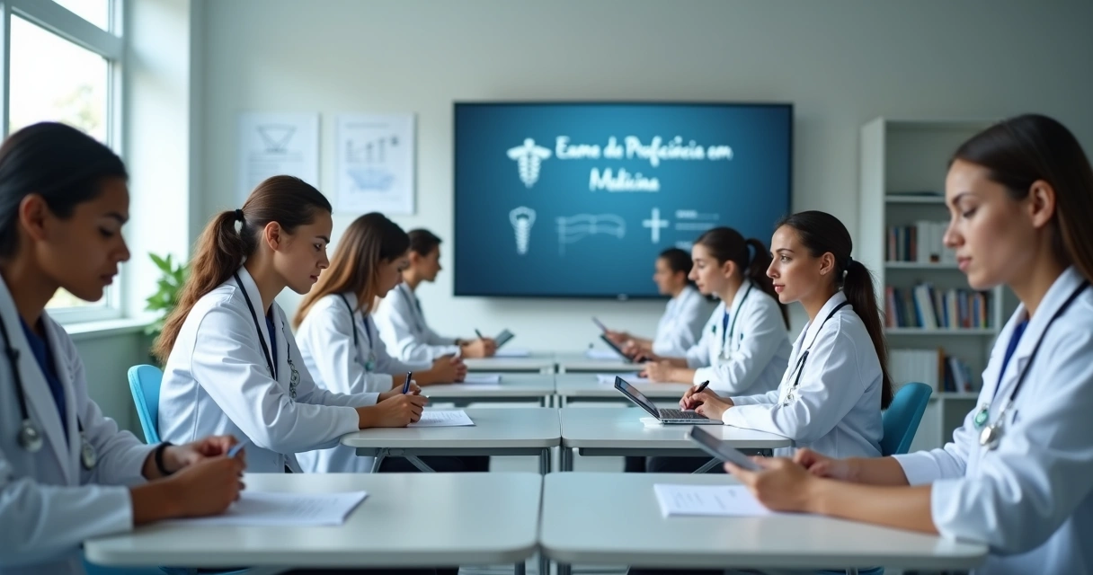Médicos jovens fazendo prova em sala moderna de avaliação profissional