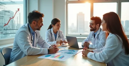 Médicos reunidos analisando gráficos de salários em um consultório moderno