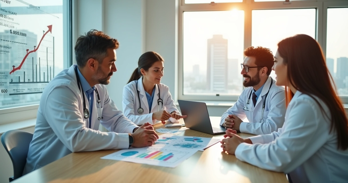Médicos reunidos analisando gráficos de salários em um consultório moderno