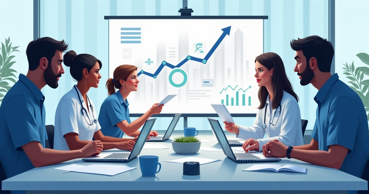 Equipe médica traçando metas financeiras em reunião 