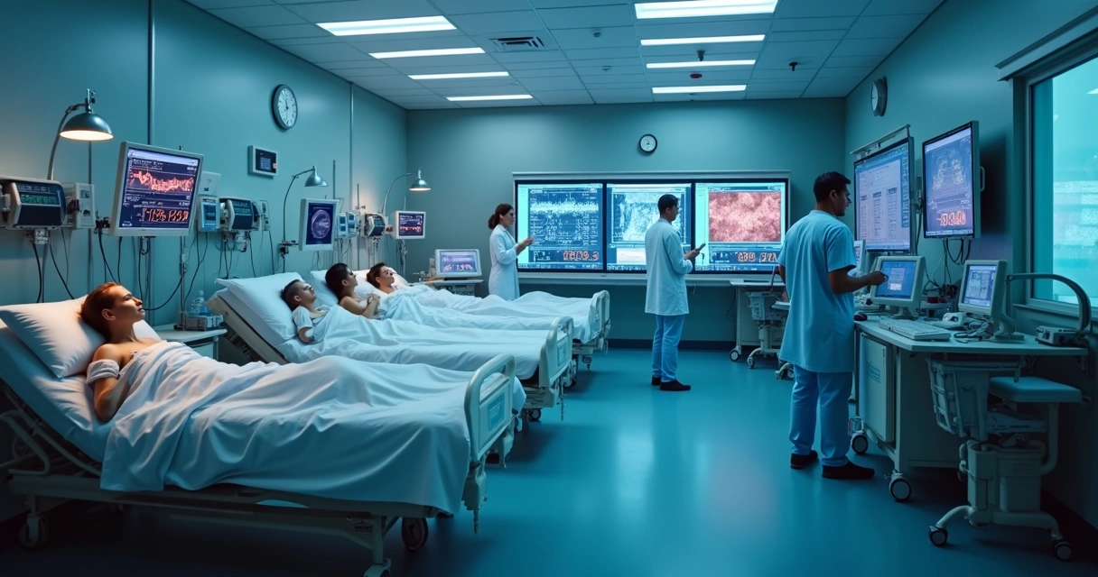 Monitoramento hospitalar de IA com sinais vitais em tela 