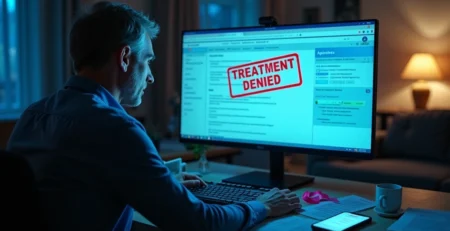 Paciente em frente a tela de computador com negativa automática de plano de saúde
