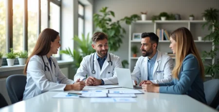 Médico e dentista reunidos com consultor em escritório moderno discutindo planejamento sucessório