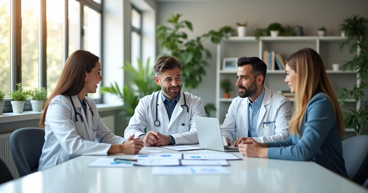 Médico e dentista reunidos com consultor em escritório moderno discutindo planejamento sucessório