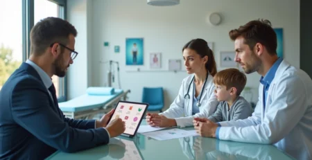 Corretor mostra portfólio de seguros de saúde para médica e família em consultório moderno
