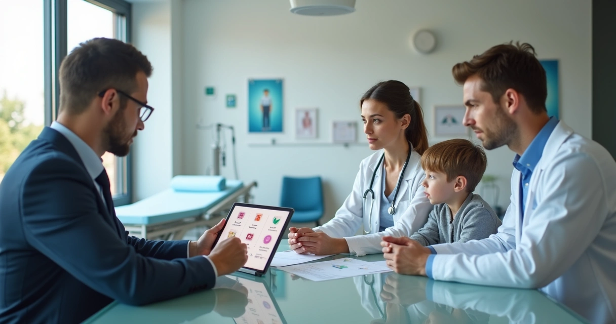 Corretor mostra portfólio de seguros de saúde para médica e família em consultório moderno