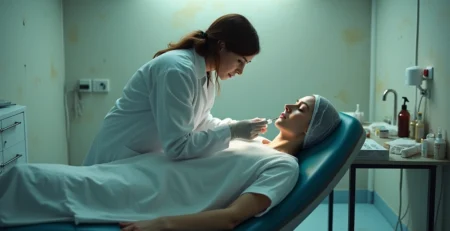 Profissional realizando procedimento estético facial em consultório simples enquanto paciente demonstra preocupação