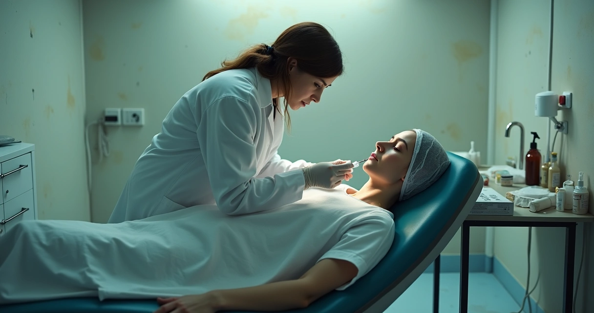 Profissional realizando procedimento estético facial em consultório simples enquanto paciente demonstra preocupação