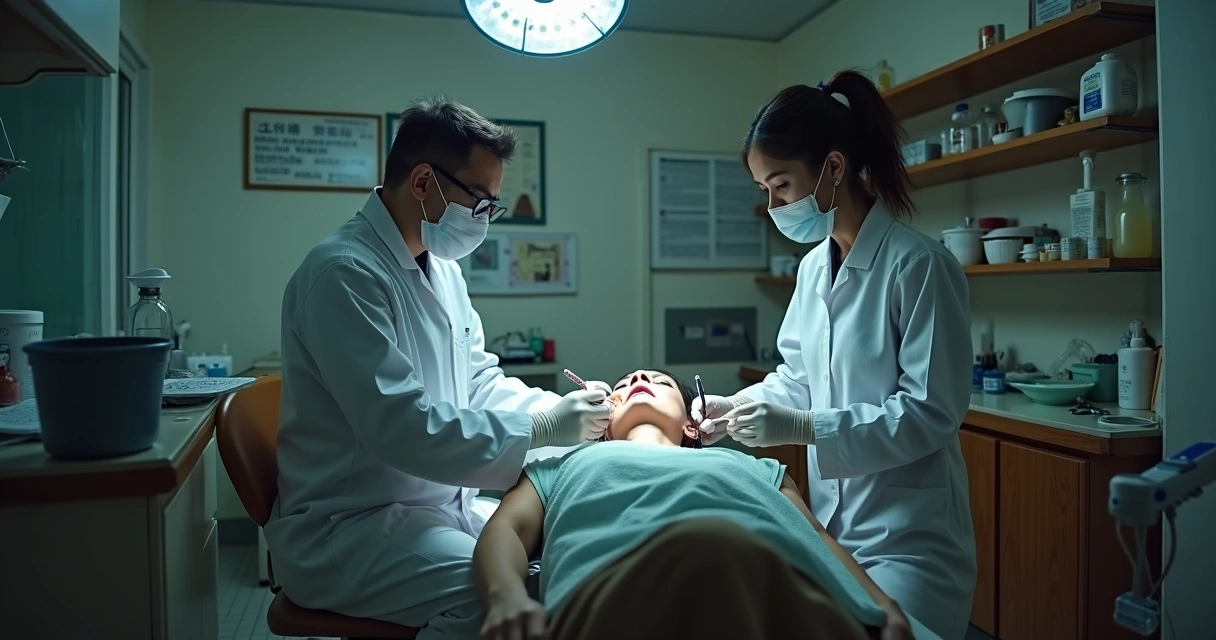 Cirurgiã-dentista em sala inadequada realizando procedimento estético facial 